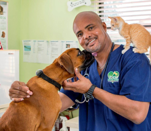 Dr. David Walton DVM (vet) with a cat on his shoulder and a dog in his arms